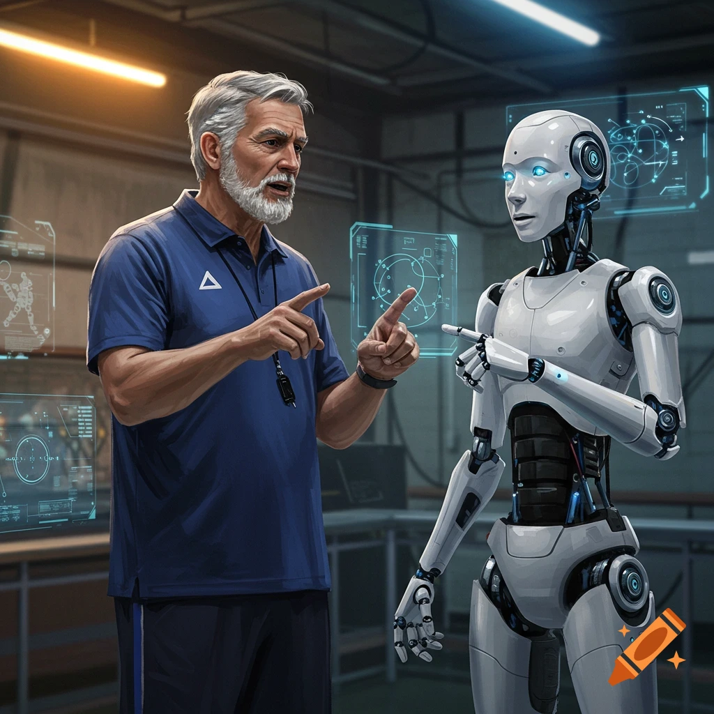 A man with a beard, wearing a blue polo shirt, points at a white robot with glowing blue eyes in a dimly lit lab, surrounded by holographic screens.
