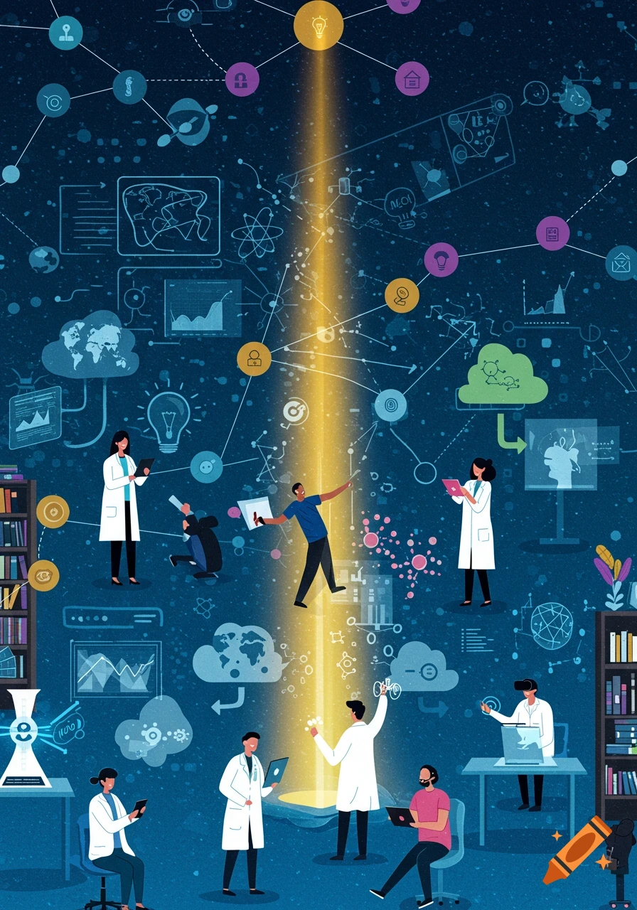 An intricate illustration of a research ecosystem with scientists, data points, light beams, and interconnected symbols representing ideas and technology.