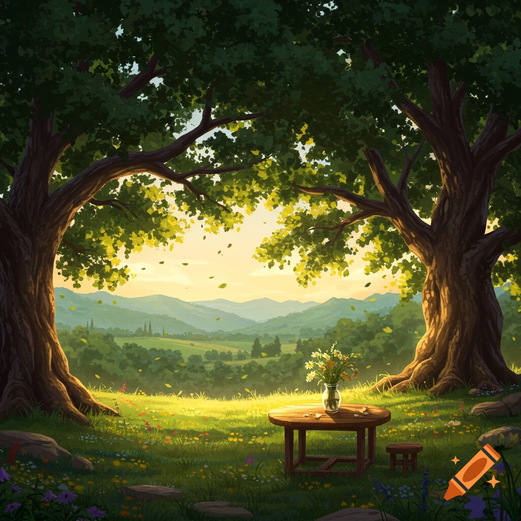 A sunny, vibrant green meadow framed by two large trees, with mountains in the distance and a small wooden table with flowers in the foreground.