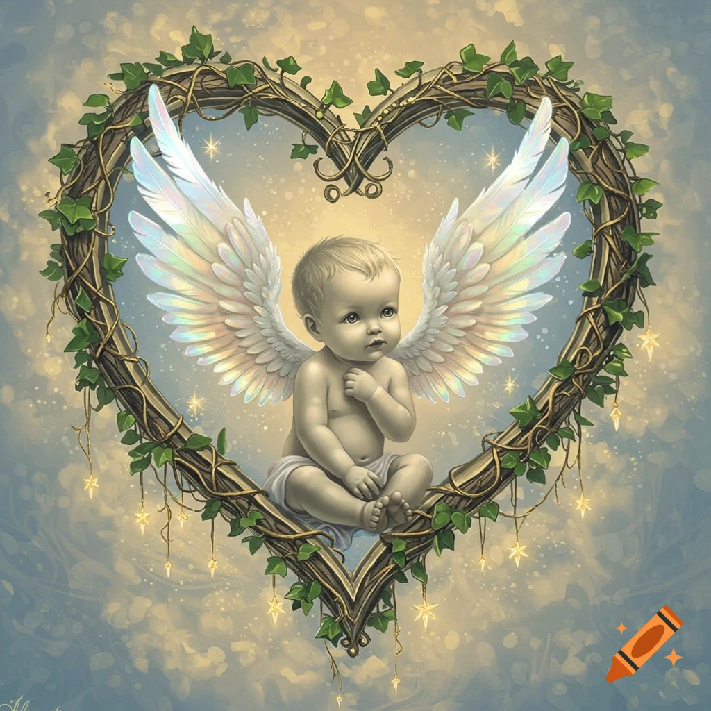 An ethereal illustration of a baby angel with iridescent wings, sitting inside a heart-shaped vine adorned with twinkling lights against a cloudy sky.