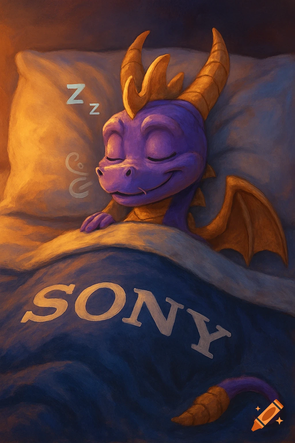 A cute purple dragon, Spyro, sleeps soundly in a cozy bed, with Zz floating above his pillow and a blue blanket with the "SONY" logo covering him.