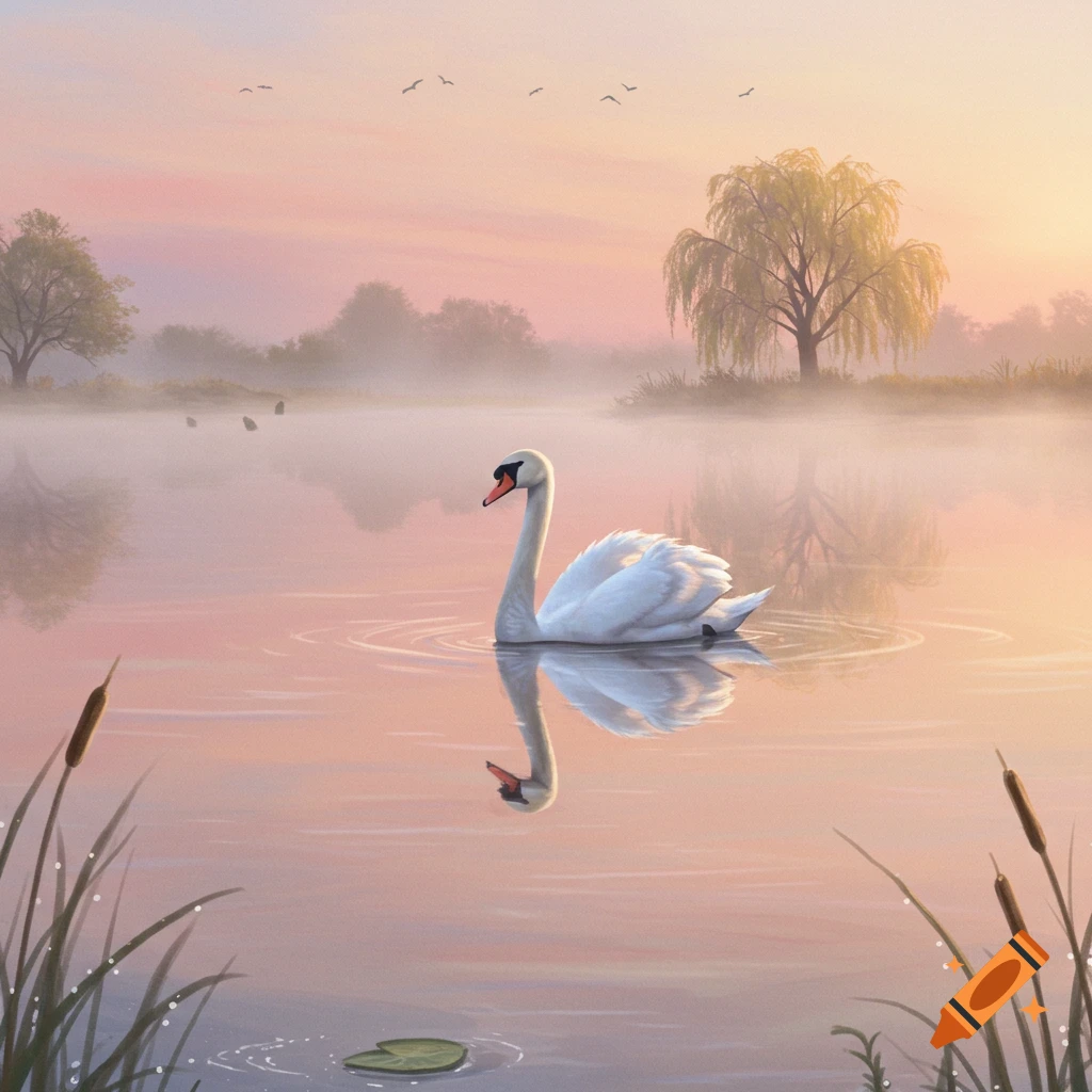 A white swan floats on a calm, misty lake at sunrise with pink and orange light, cattails in the foreground.