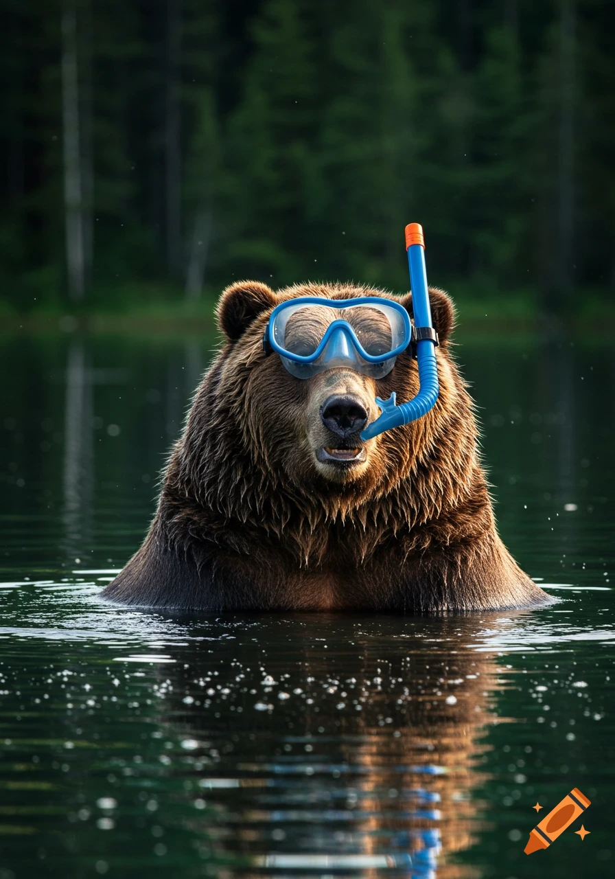 Photorealistic grizzly bear wearing a blue snorkel and mask, floating in a lake with a sly smile.
