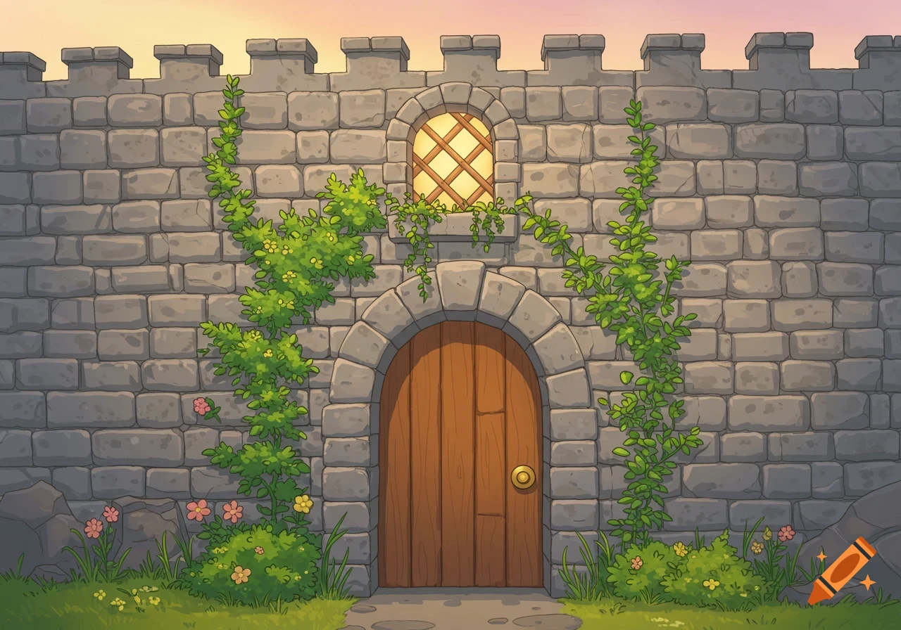 A cartoon castle wall with an arched wooden door and window, covered in green vines and flowers, under a twilight sky.