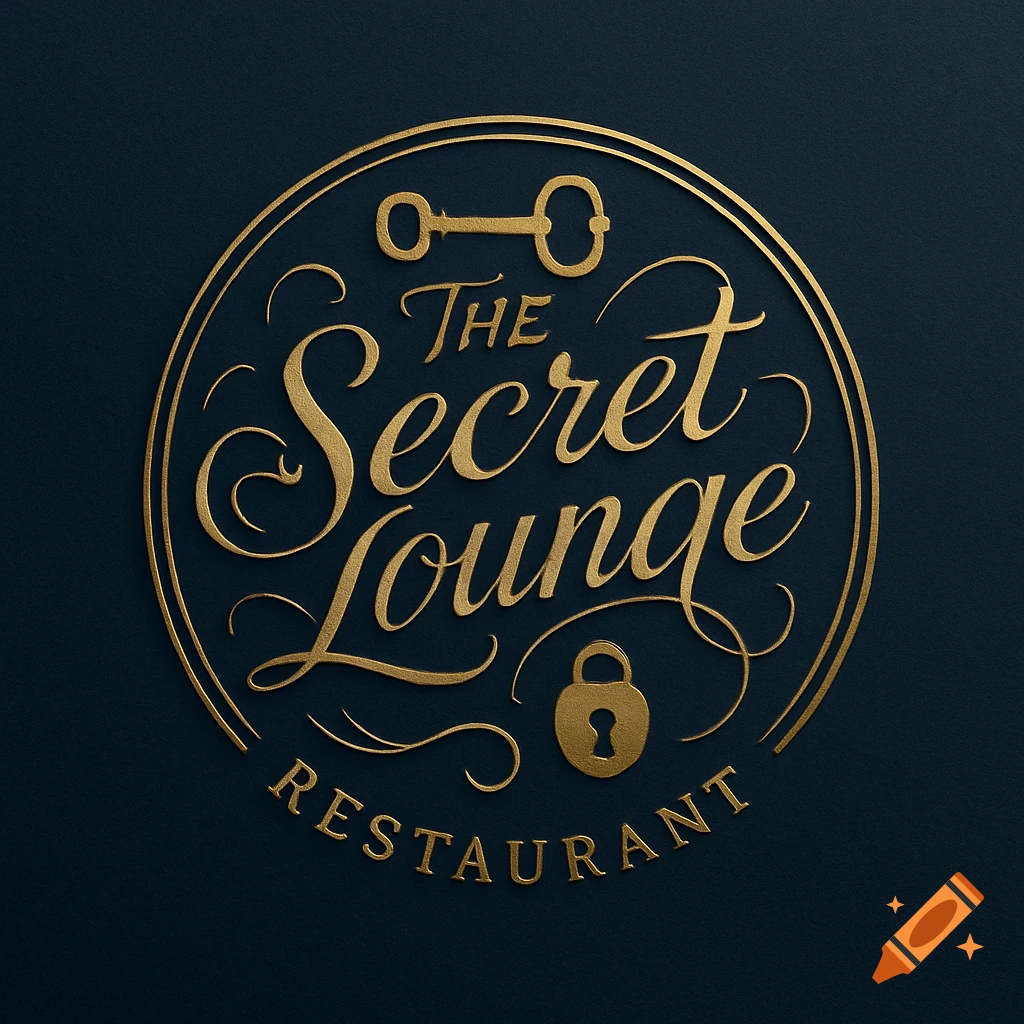 Gold embossed logo on dark blue for 'The Secret Lounge Restaurant' with a key and padlock.