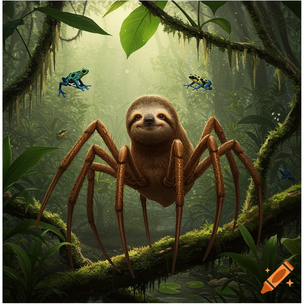 A furry sloth head on a large brown spider body with eight legs, standing on a mossy branch in a lush, misty jungle with colorful frogs.