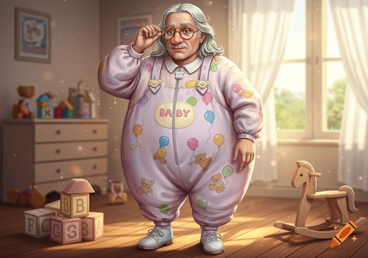 Elderly man with white hair and glasses in a pink baby jumper, standing in a bright playroom with toys.