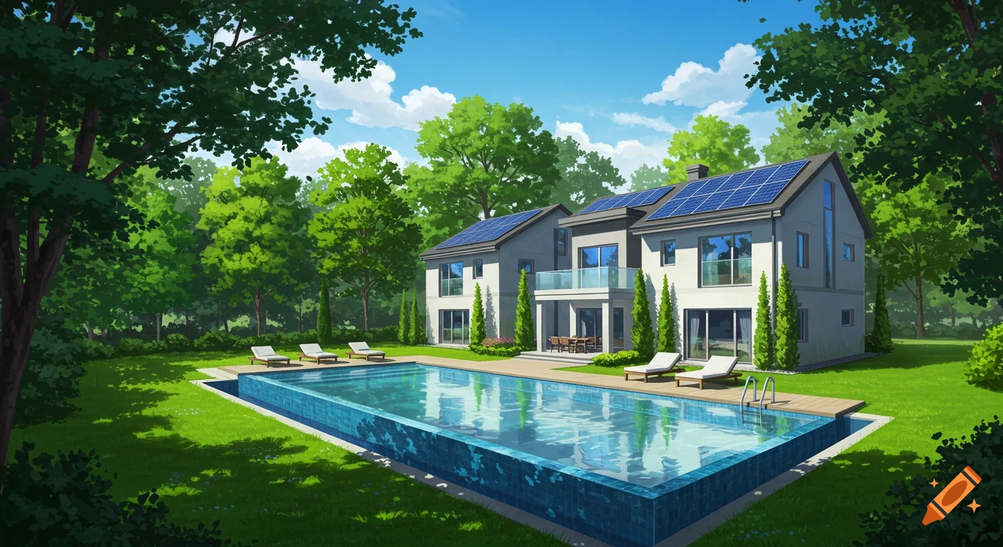 A bright, anime-style illustration of a modern two-story villa with solar panels, a large pool, and lush green trees.