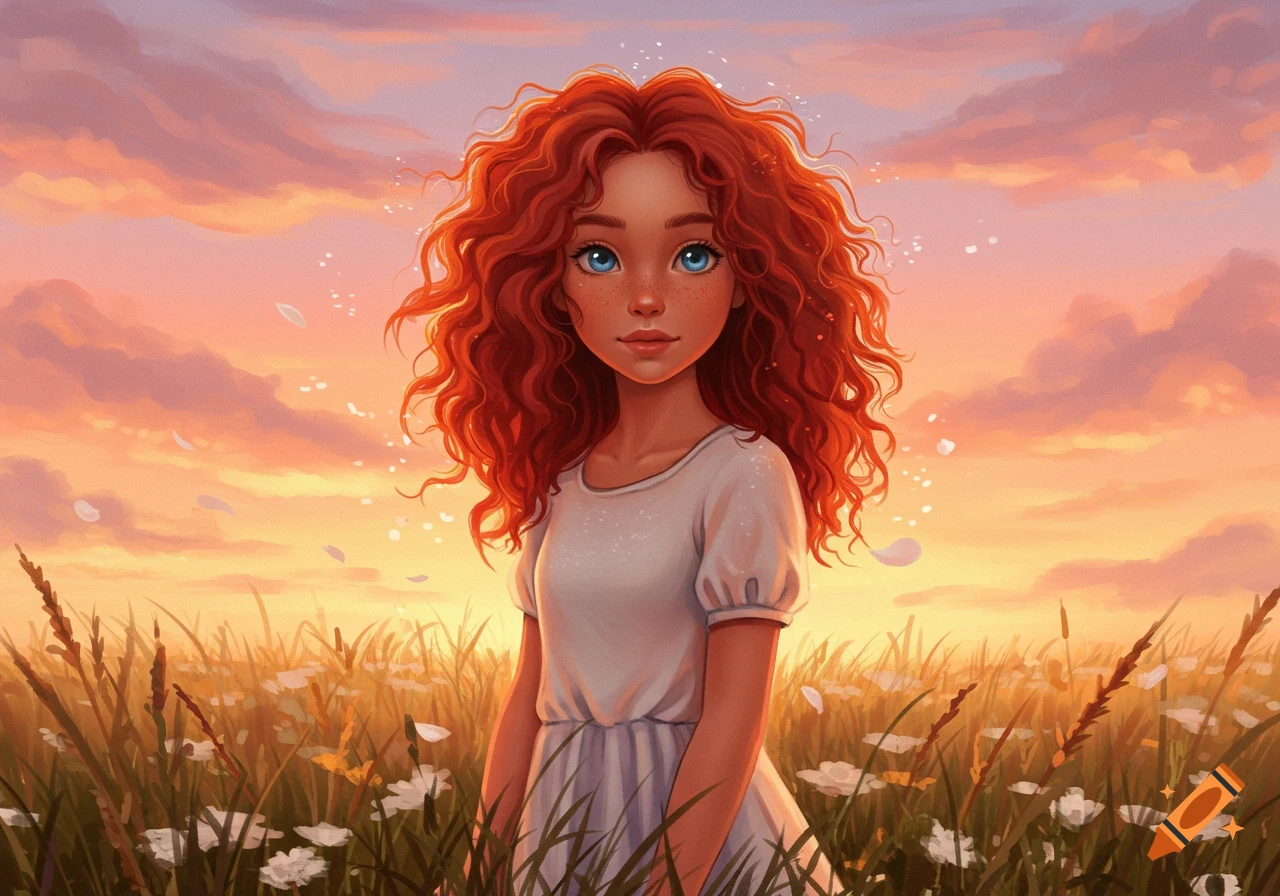 Digital illustration of a girl with red curly hair and blue eyes, wearing a white dress, standing in a field of flowers at sunset.