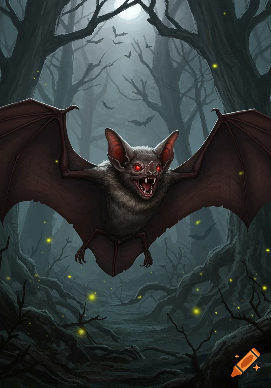 A menacing vampire bat with glowing red eyes and bared fangs flies through a dark, gnarled forest under a full moon, with fireflies glowing in the shadows.