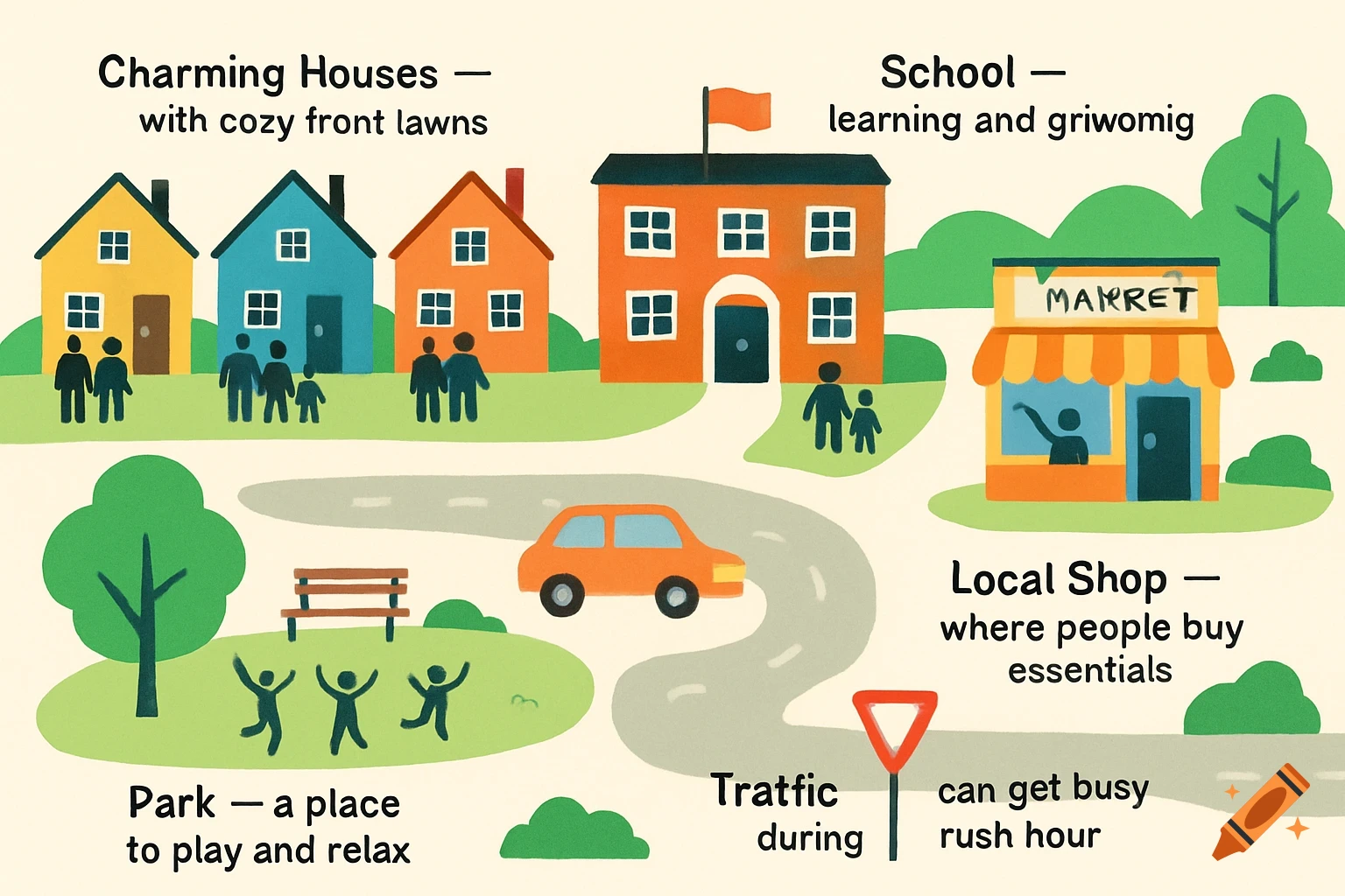 A colorful, simple illustration of a small neighborhood featuring houses, a school, a park, and a local shop with various labels and a car on a road.