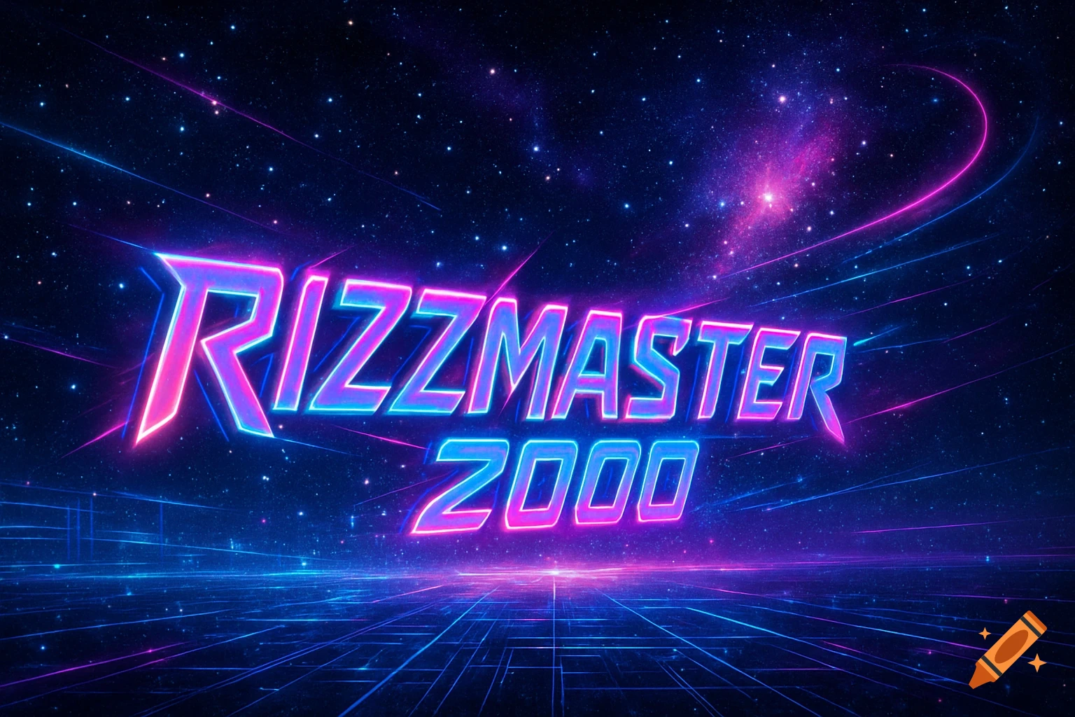 Neon cyberpunk title screen with 'RIZZMASTER 2000' text glowing against a starry galaxy background with digital grids.