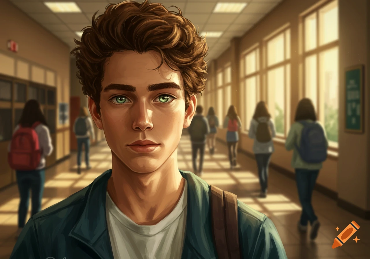 Digital illustration of a young man with curly brown hair and green eyes looking forward in a sunny school hallway with blurred students.