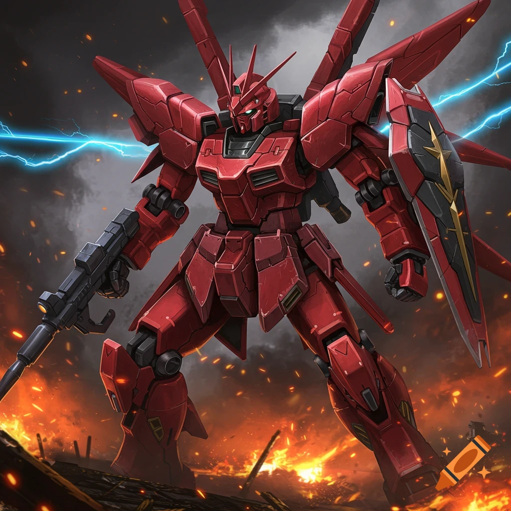 A powerful red Gundam robot stands in a fiery, smoky battlefield with lightning striking in the background. It holds a rifle and a shield.