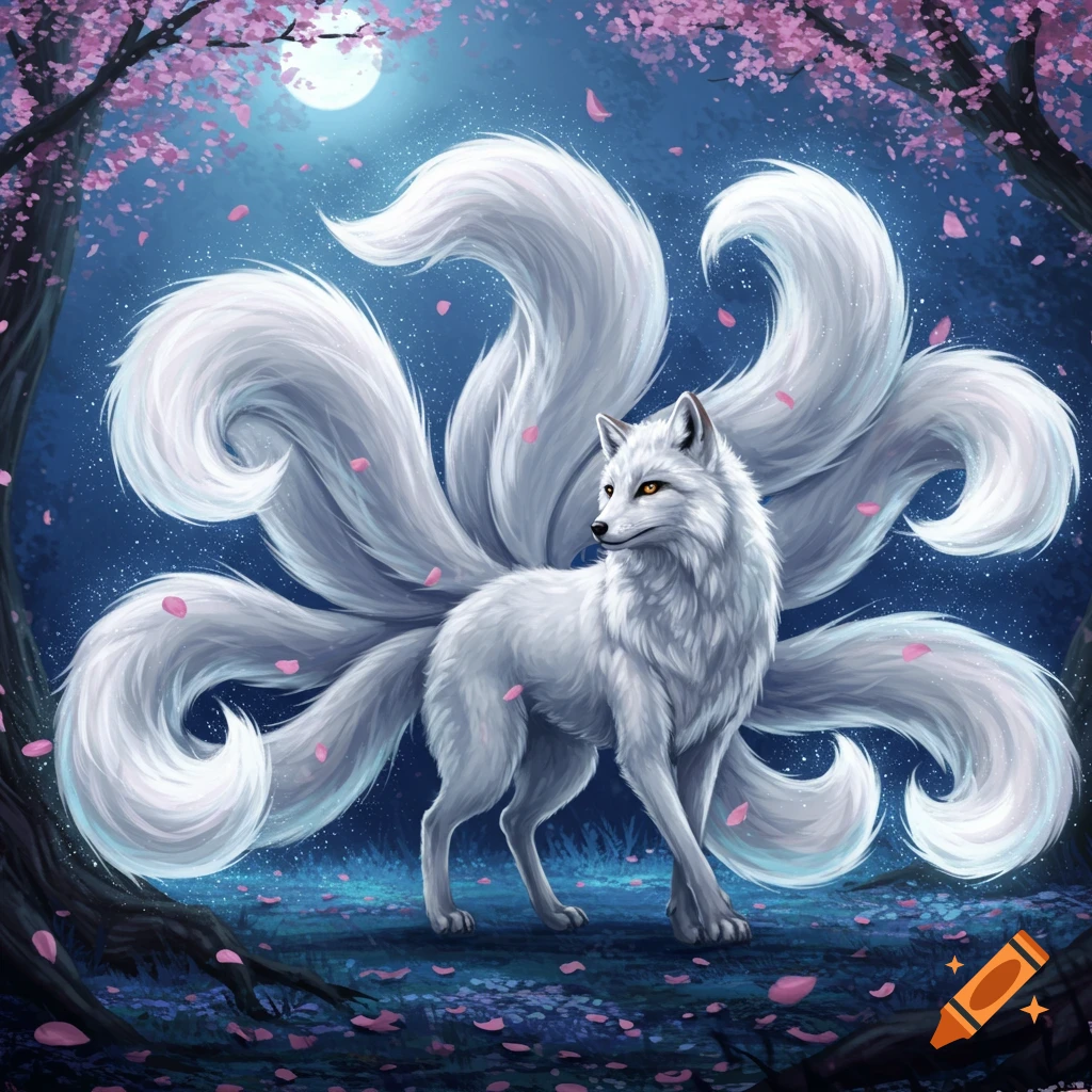 A white nine-tailed fox stands in a moonlit forest with falling pink cherry blossoms, rendered in a fantasy art style.