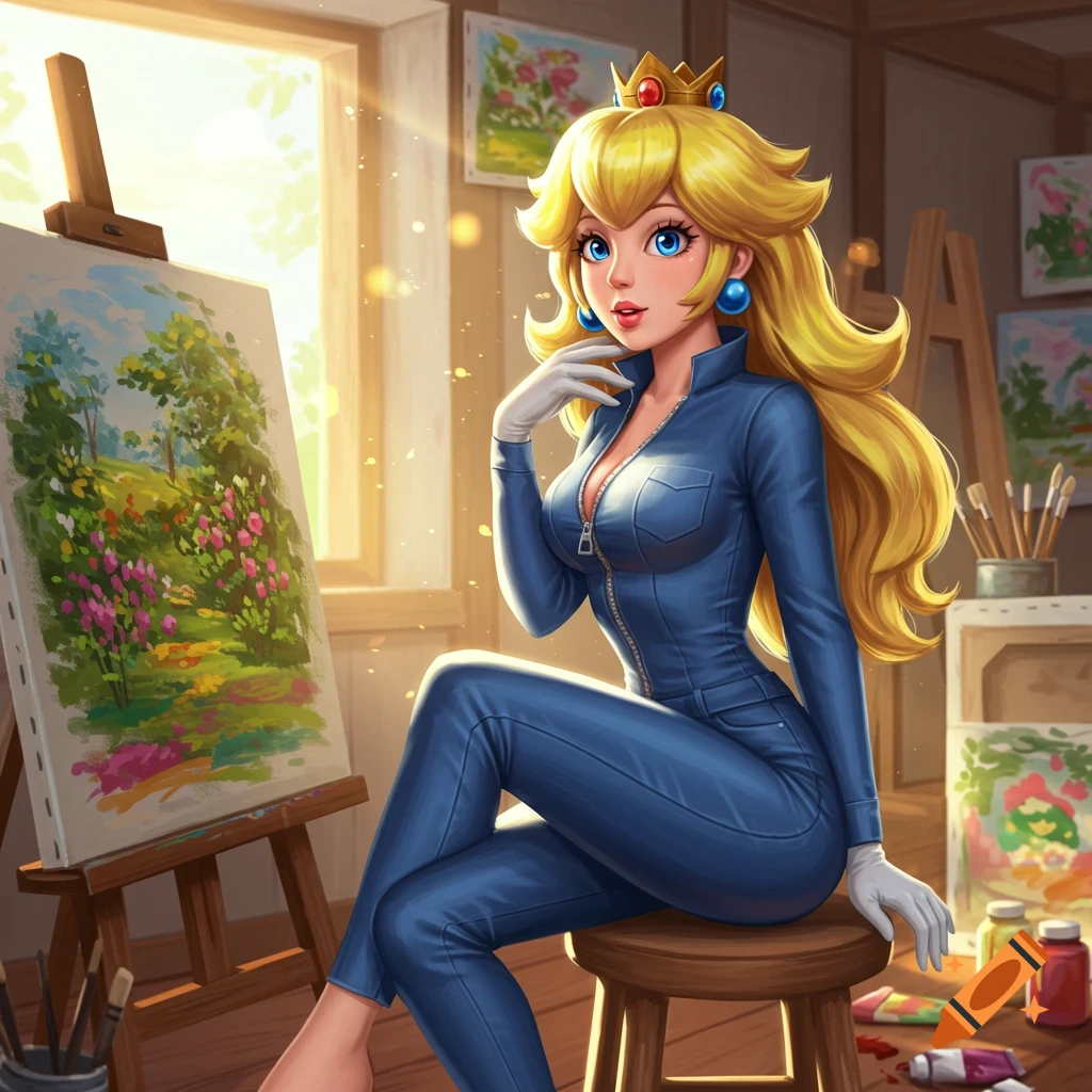 Princess Peach in a blue zipper jumpsuit, sitting on a stool in an artist's studio next to an easel with a landscape painting, digital art.