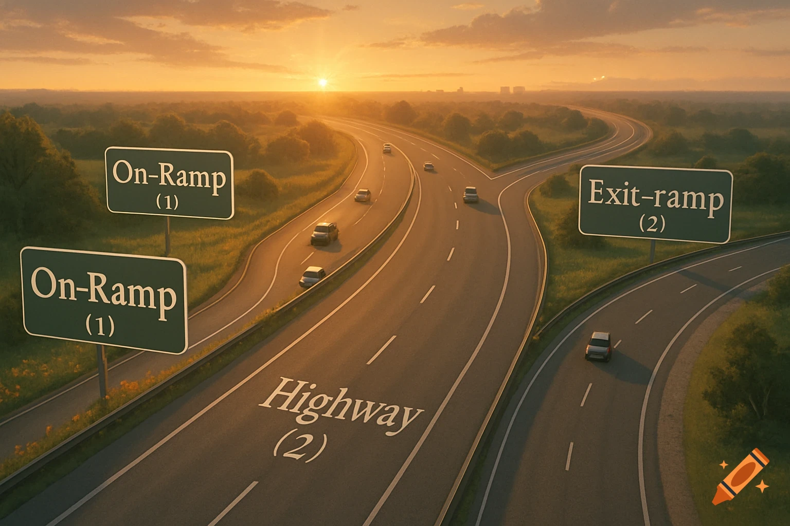 Aerial view of a highway with an on-ramp and an exit-ramp at sunset. Cars drive on the roads with directional signs.