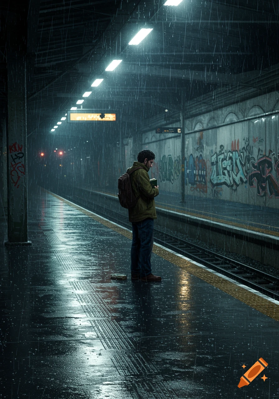 A man with a backpack stands on a wet subway platform in the rain, looking down at a book. Bright lights illuminate the station.