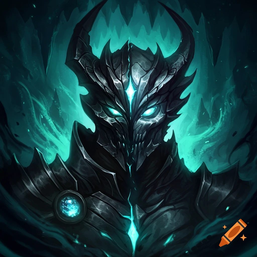 A dark fantasy close-up of a menacing armored figure with glowing teal eyes and a split face, surrounded by an eerie glow.