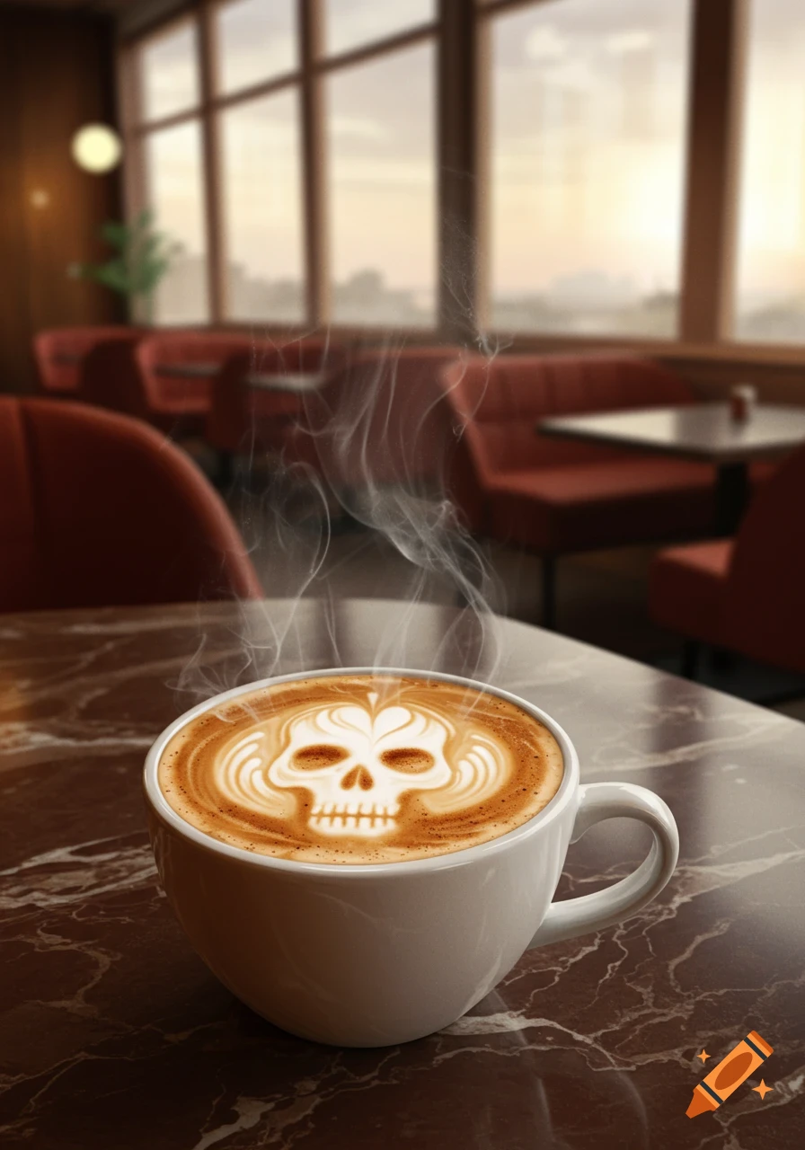 A white mug of coffee with skull latte art sits on a marble table in a cafe with blurred windows and seating in the background.