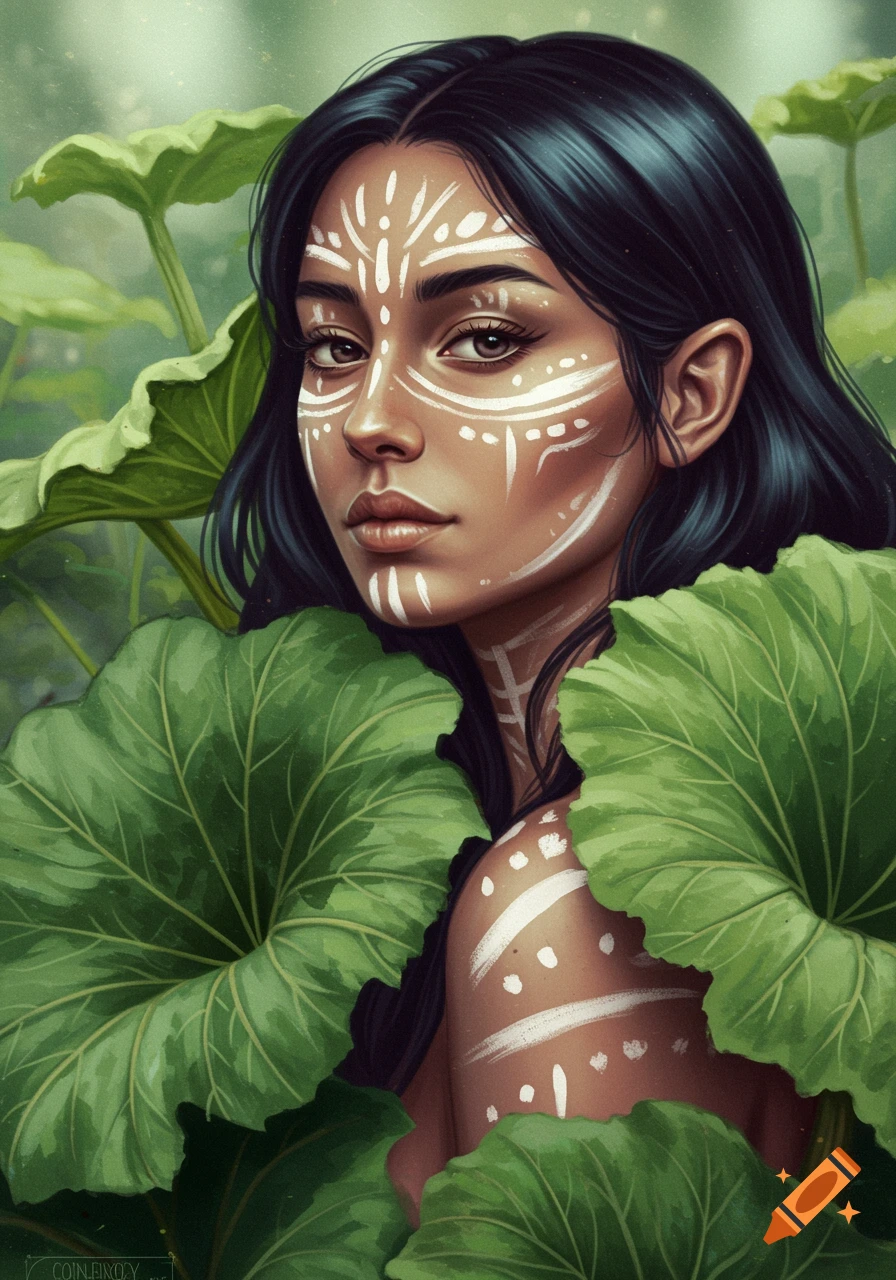 A close-up digital painting of a woman with dark hair and white face and body paint, partially hidden by large green leaves.