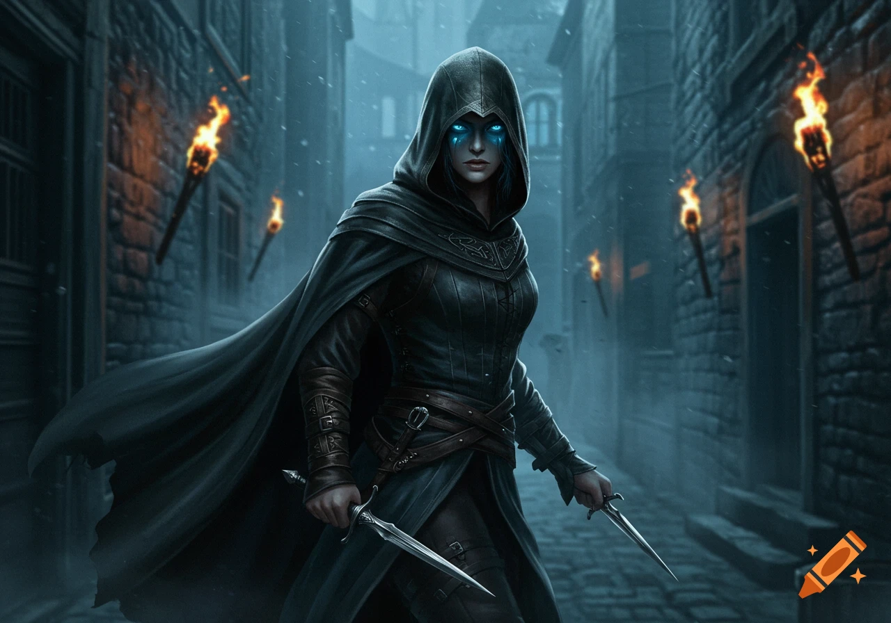 A female assassin in a dark hooded cloak, with glowing blue eyes and a determined expression, holds two daggers in a snowy, torch-lit alley.
