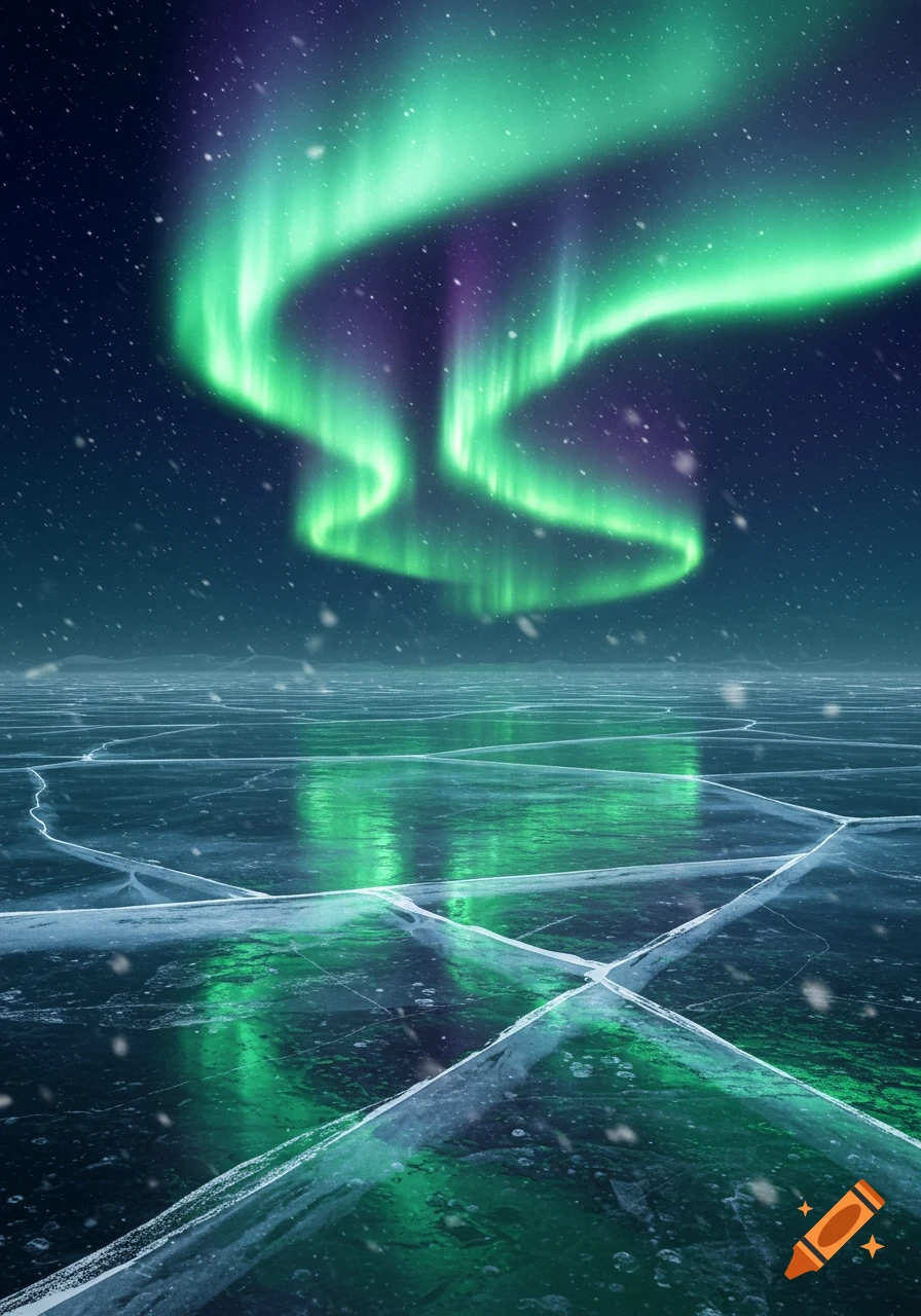Vibrant green and purple aurora borealis illuminating a cracked, icy landscape under falling snow.