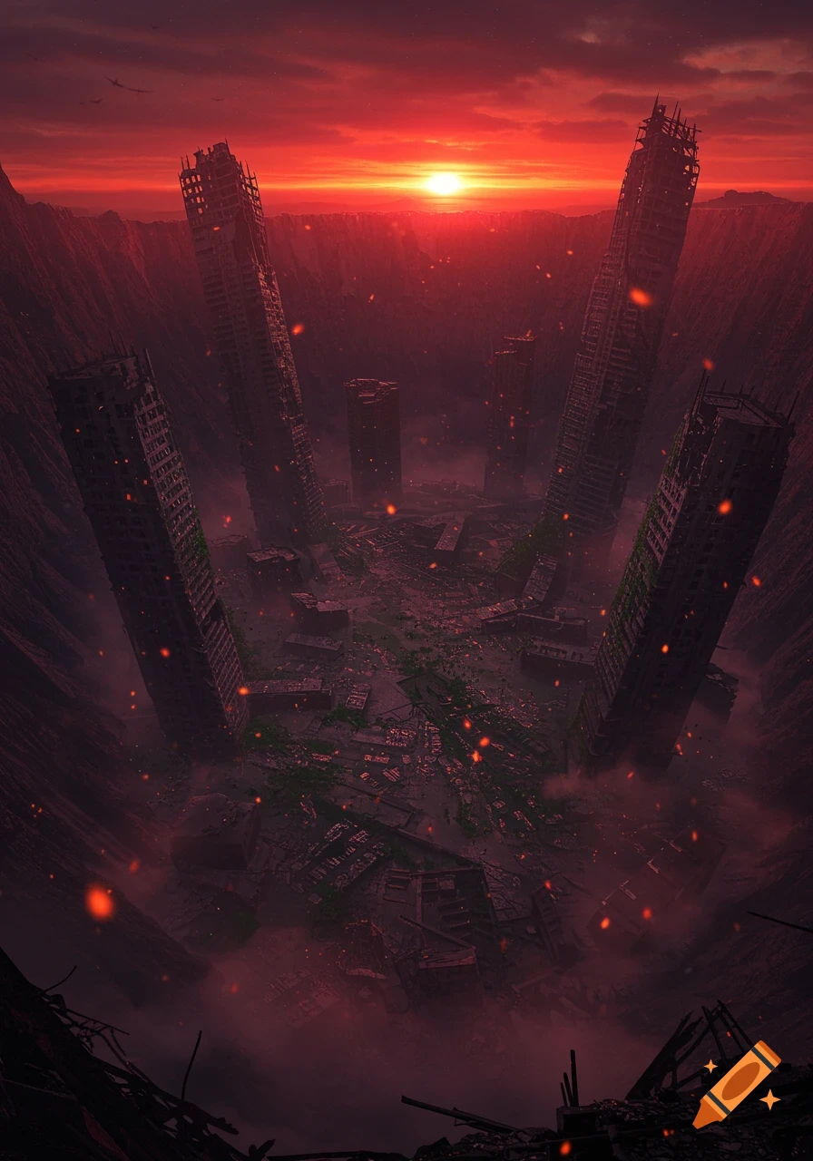 A photorealistic view of a ruined city in a deep crater, bathed in the red light of a fiery sunset with embers floating in the air.