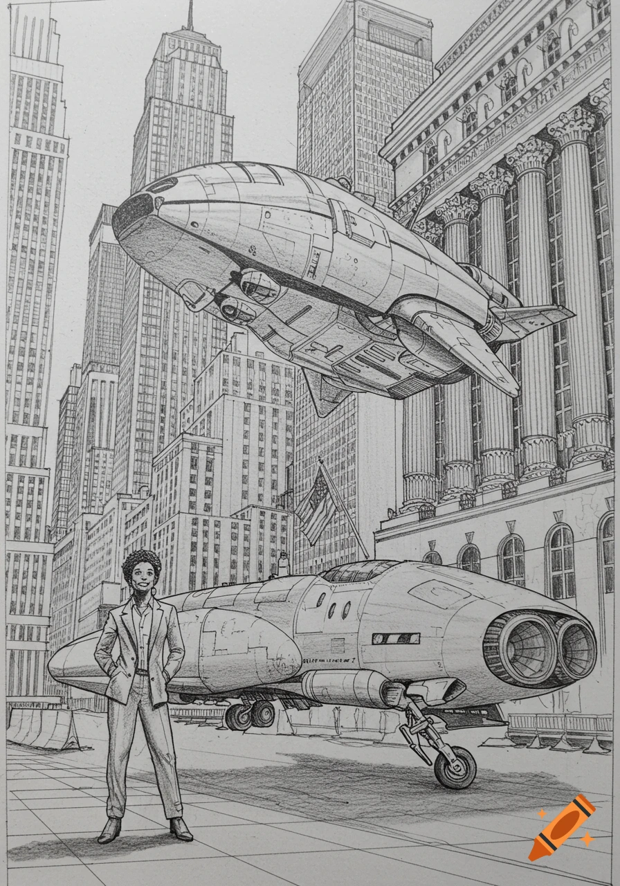 Pencil drawing of a Black woman standing next to a landed spaceship on Wall Street, with another spaceship flying overhead.