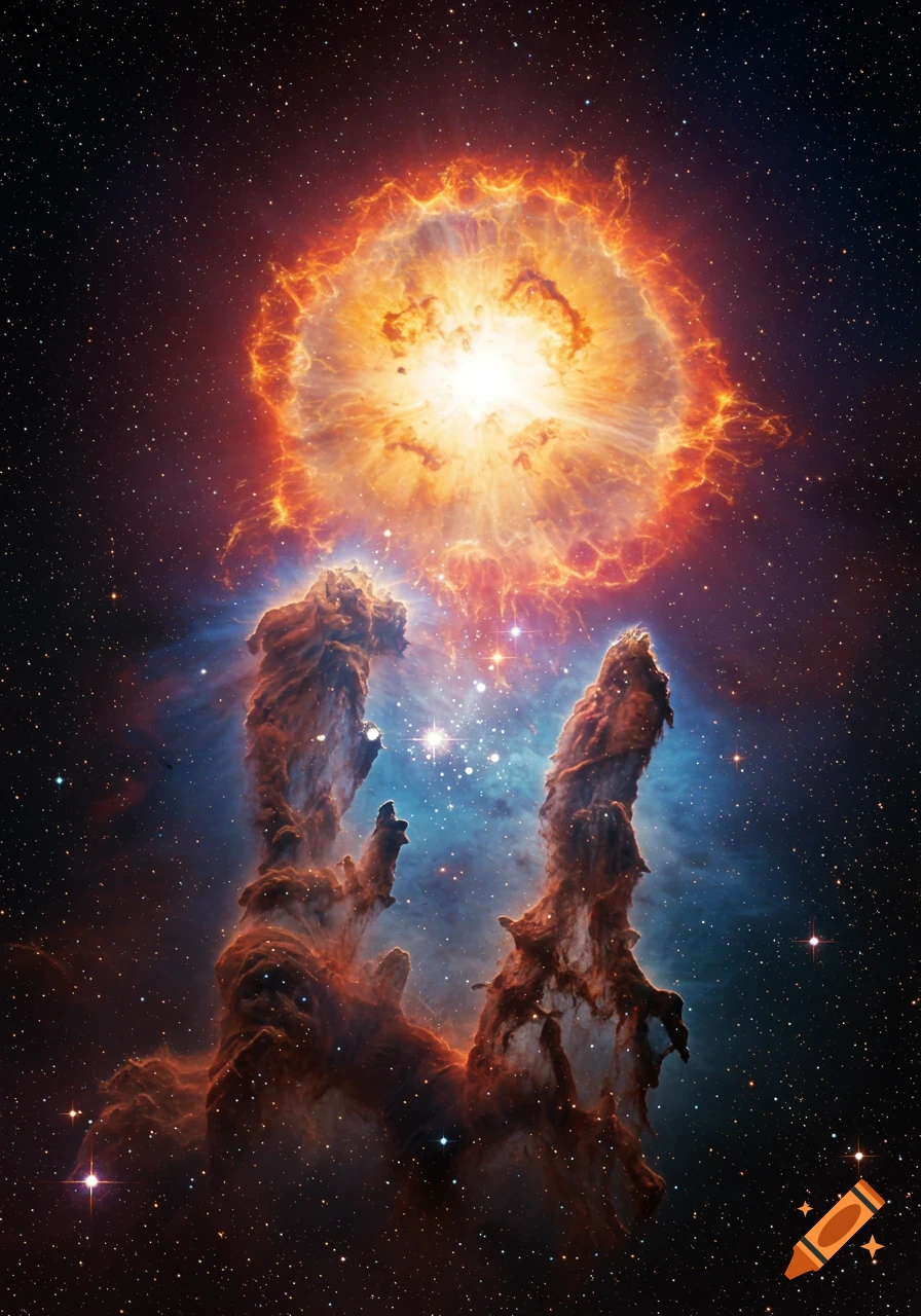A bright, fiery supernova explosion above two towering nebulae, the Pillars of Creation, in deep space with many stars.