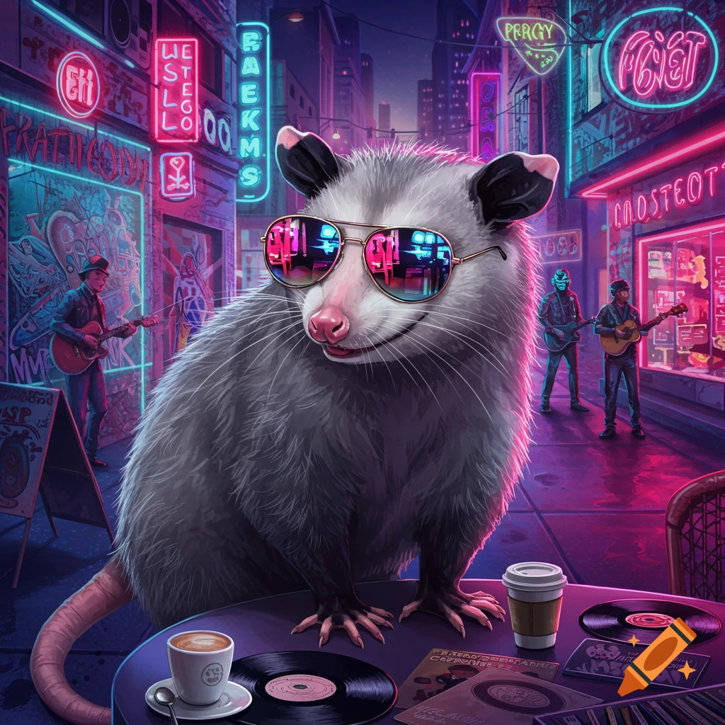 A photorealistic possum in sunglasses sits at a table with vinyl records in a neon-lit cyberpunk city street at night, with musicians.
