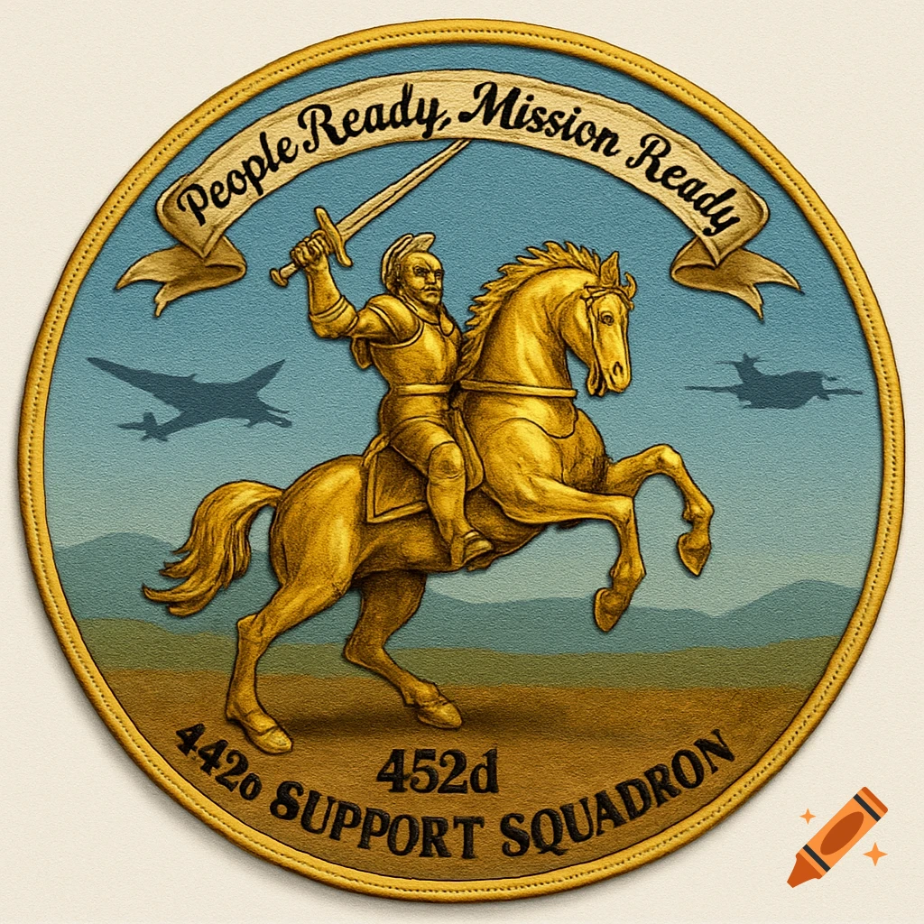 A circular golden military patch with a knight on a rearing horse, sword raised, against a blue sky with faint airplanes. Text reads 'People Ready, Mission Ready' and '442d 452d SUPPORT SQUADRON'.