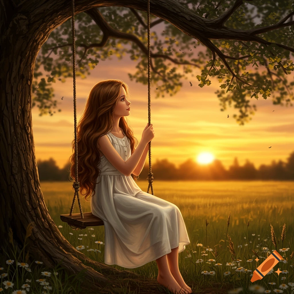 A young girl with long hair sits on a tree swing in a field of daisies at sunset, looking right.