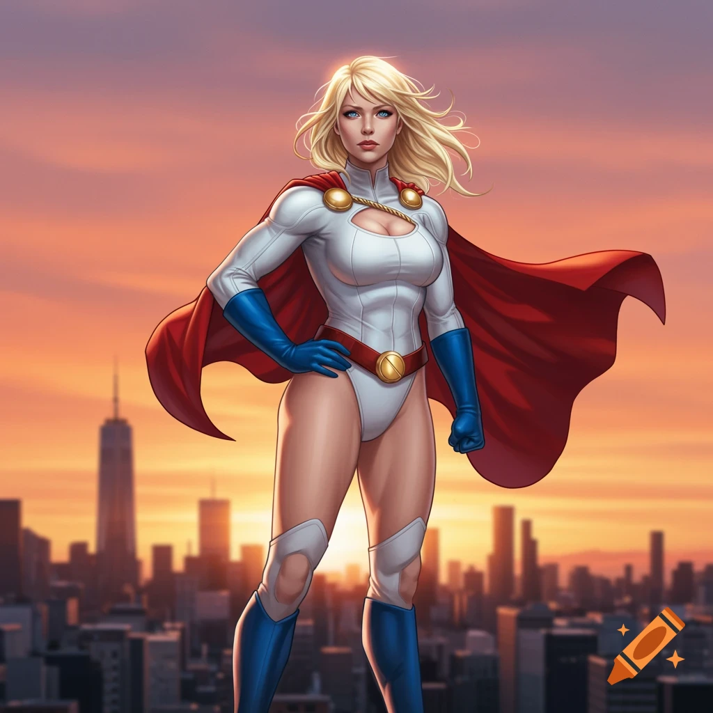 Blonde superheroine Powergirl in white, blue, and red costume stands over a city skyline at sunset, comic art style.