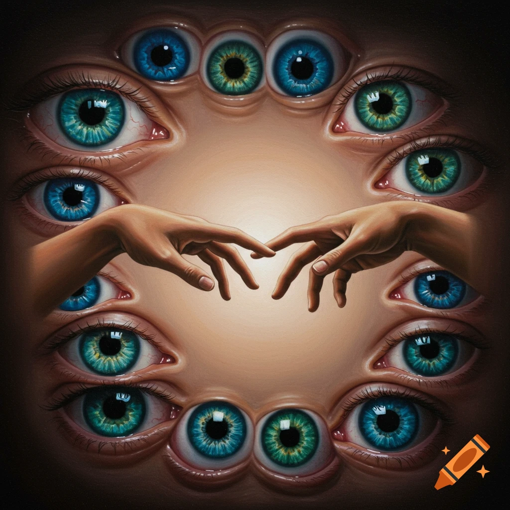 A realistic drawing depicting multiple human eyes of various colors forming a circular pattern, with two hands reaching towards each other in the center.