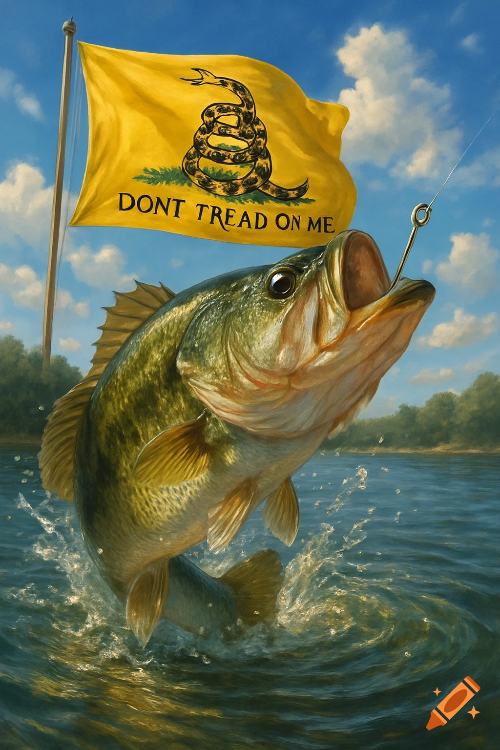 A large bass leaps from water with a fishing hook in its lip, a yellow Gadsden flag with a snake and 'DONT TREAD ON ME' in the background.