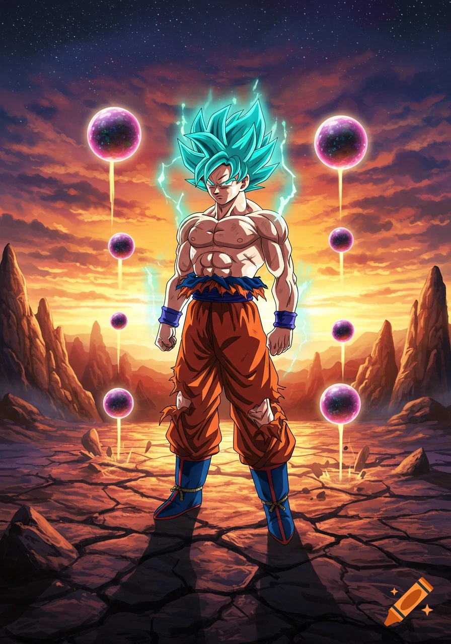 Goku in Super Saiyan Blue form, glowing with blue energy, stands in a cracked landscape at sunset with floating orbs. Anime style.