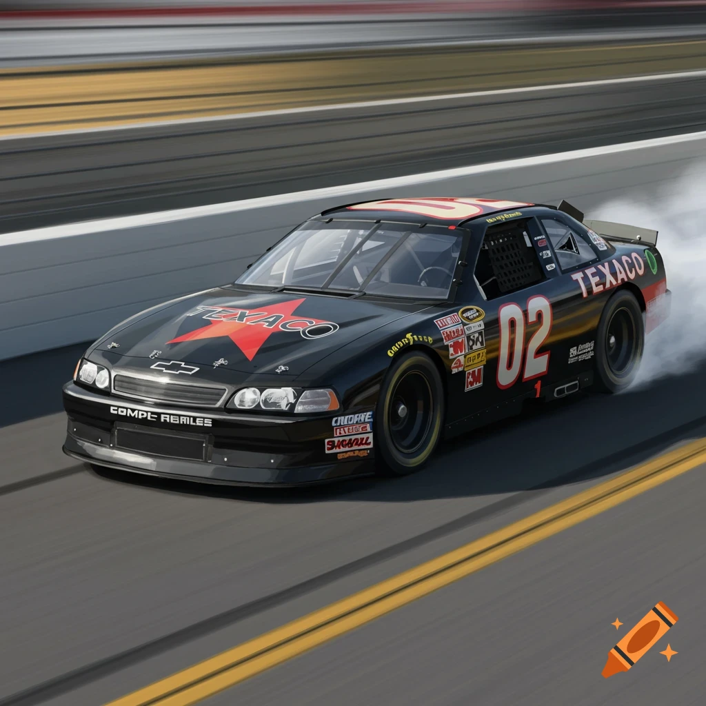 A black Texaco NASCAR race car with the number 02 speeds on a track, leaving a trail of smoke.
