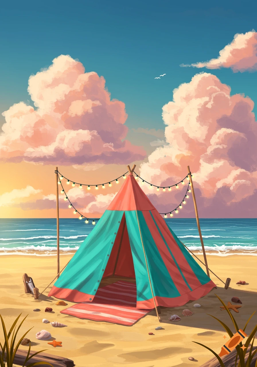 A vibrant red and teal tent sits on a sandy beach adorned with string lights, overlooking the ocean under a pastel sunset sky with fluffy clouds.