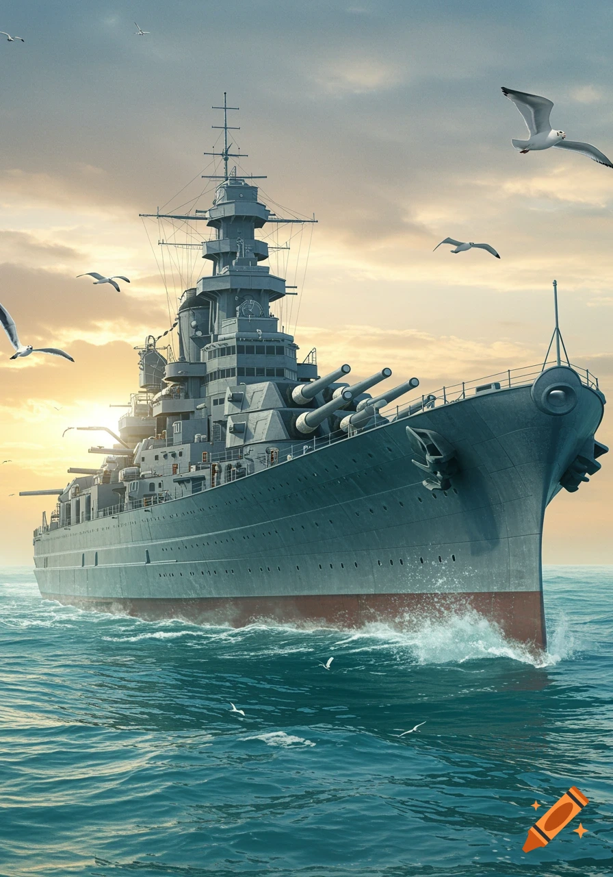 A majestic battleship with multiple turrets sails through choppy blue water under a dramatic sunset sky with seagulls flying around.