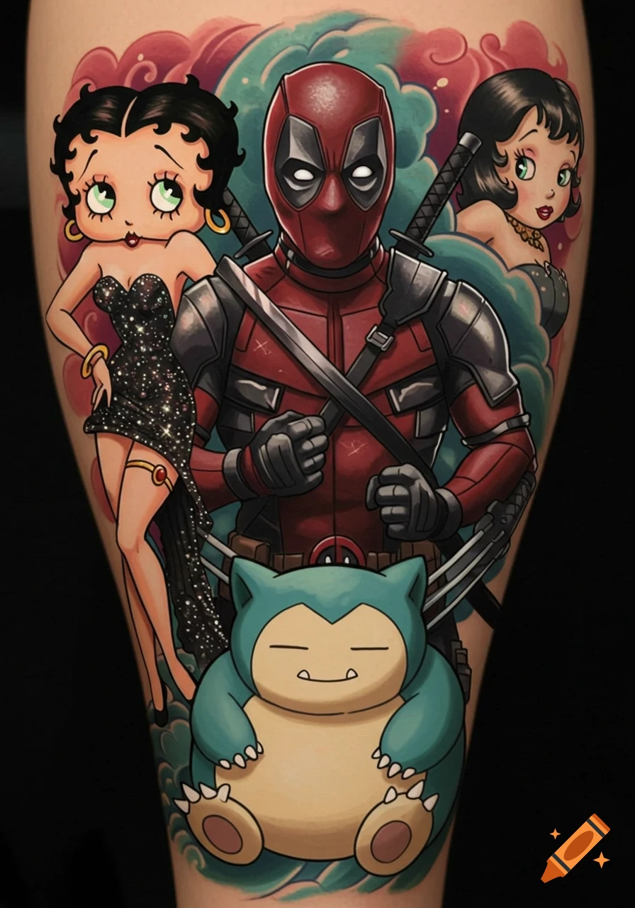 Colorful tattoo design featuring Betty Boop, Deadpool, Snorlax, and another cartoon woman with a red background.
