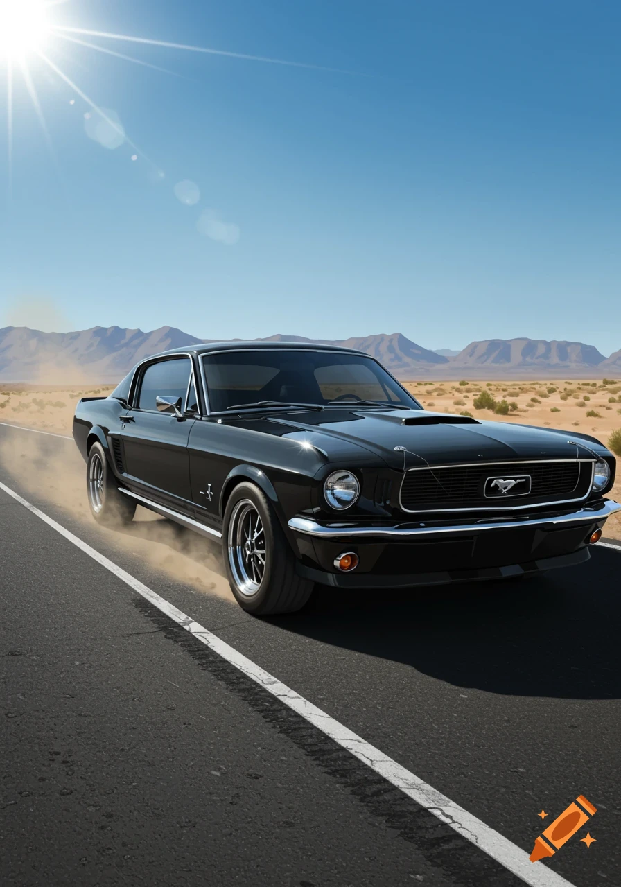 A black Ford Mustang drives on a desert road under a bright sun, kicking up dust.
