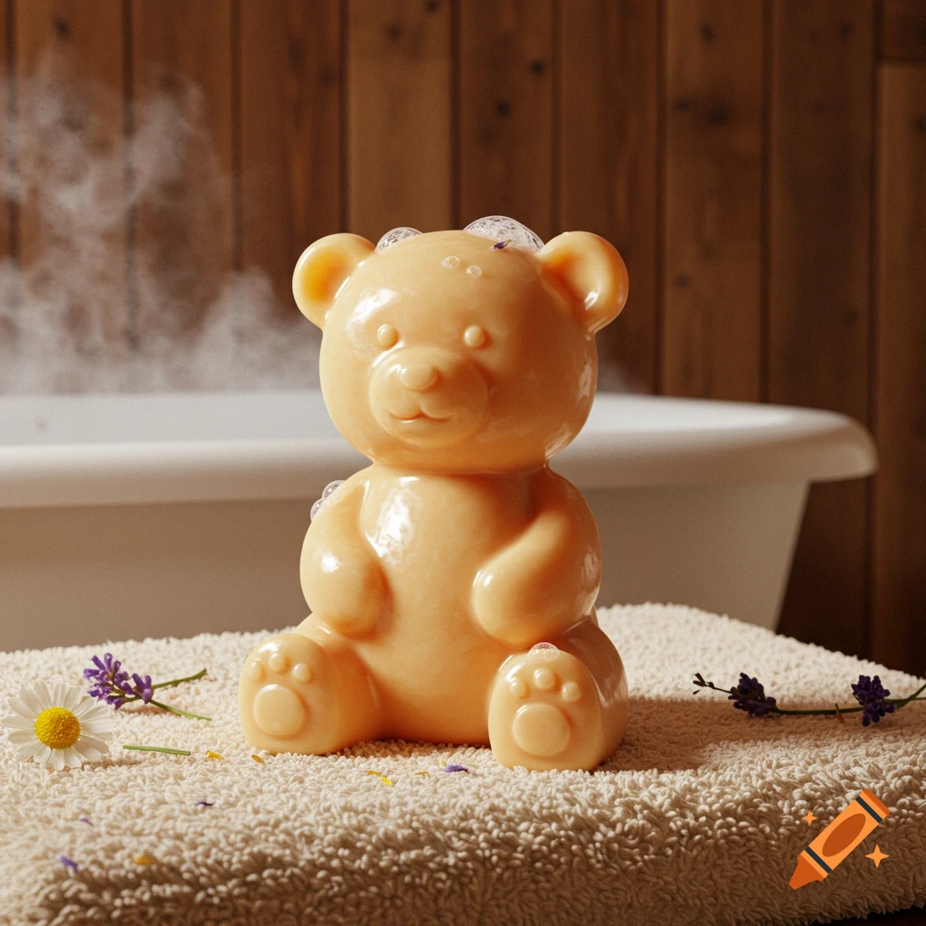 A photorealistic image of a honey-colored bear-shaped soap on a textured towel, with a steaming bathtub and wooden wall in the background.
