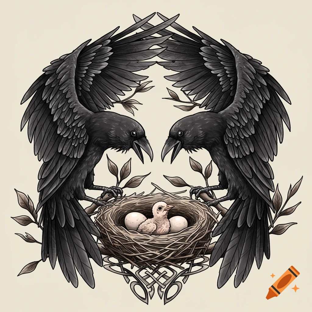 Symmetrical tattoo art illustration of two black ravens with spread wings guarding a nest containing a chick and two eggs.