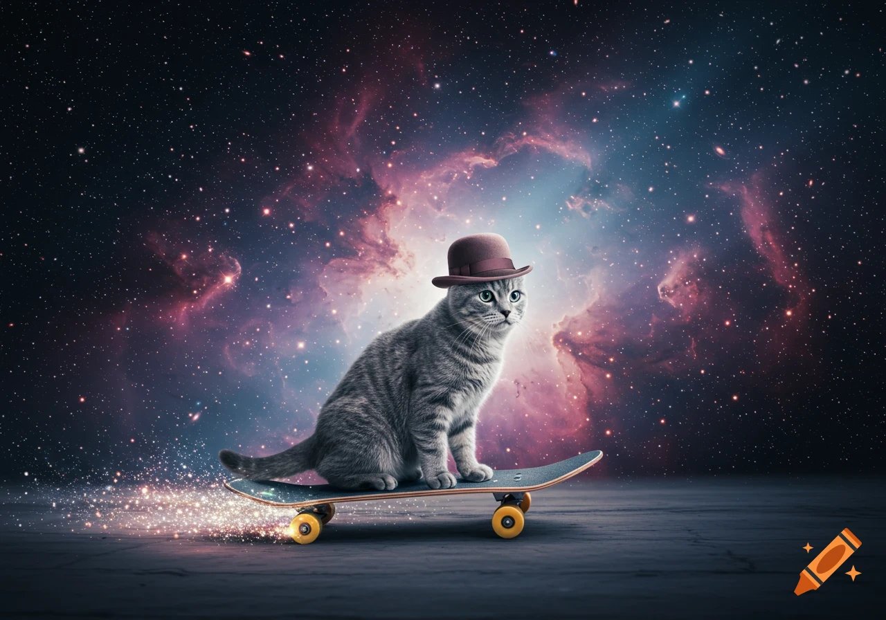 A grey tabby cat wearing a brown bowler hat rides a skateboard, leaving a sparkling trail, in front of a colorful nebula and starry sky.