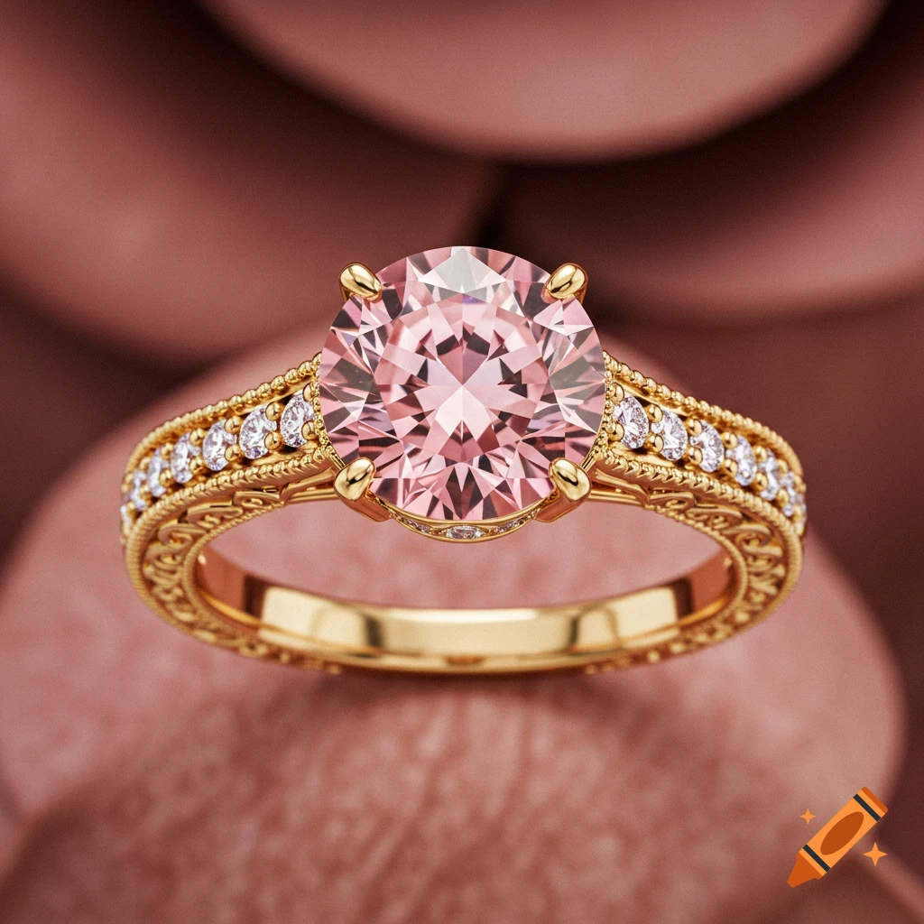A beautiful gold engagement ring with a large circular pink diamond and smaller diamonds on an ornate band.