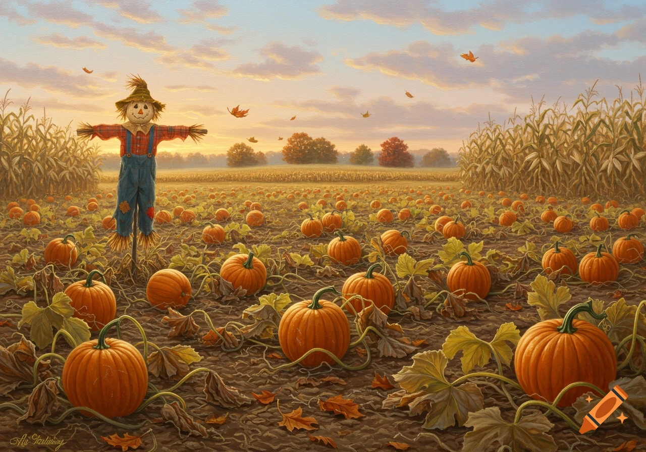 A scarecrow stands in a vast pumpkin field at sunset with corn stalks, fallen leaves, and warm light. Realistic painting style.