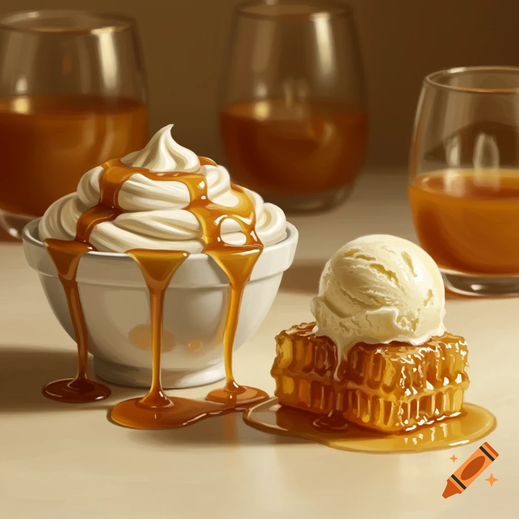 A bowl of whipped cream with caramel, next to a scoop of ice cream on honeycomb, all drizzled with caramel sauce.