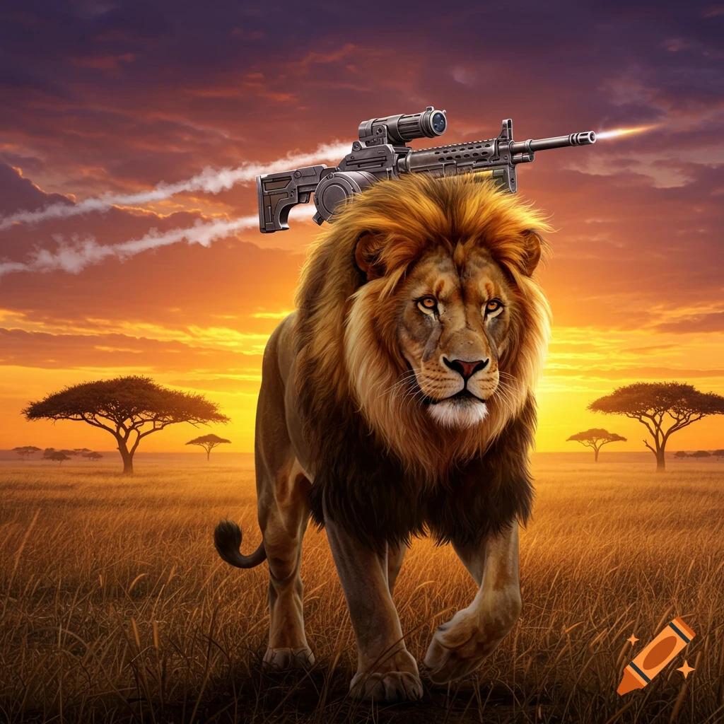 A powerful lion with a large machine gun mounted on its back walks through a golden savanna at sunset.
