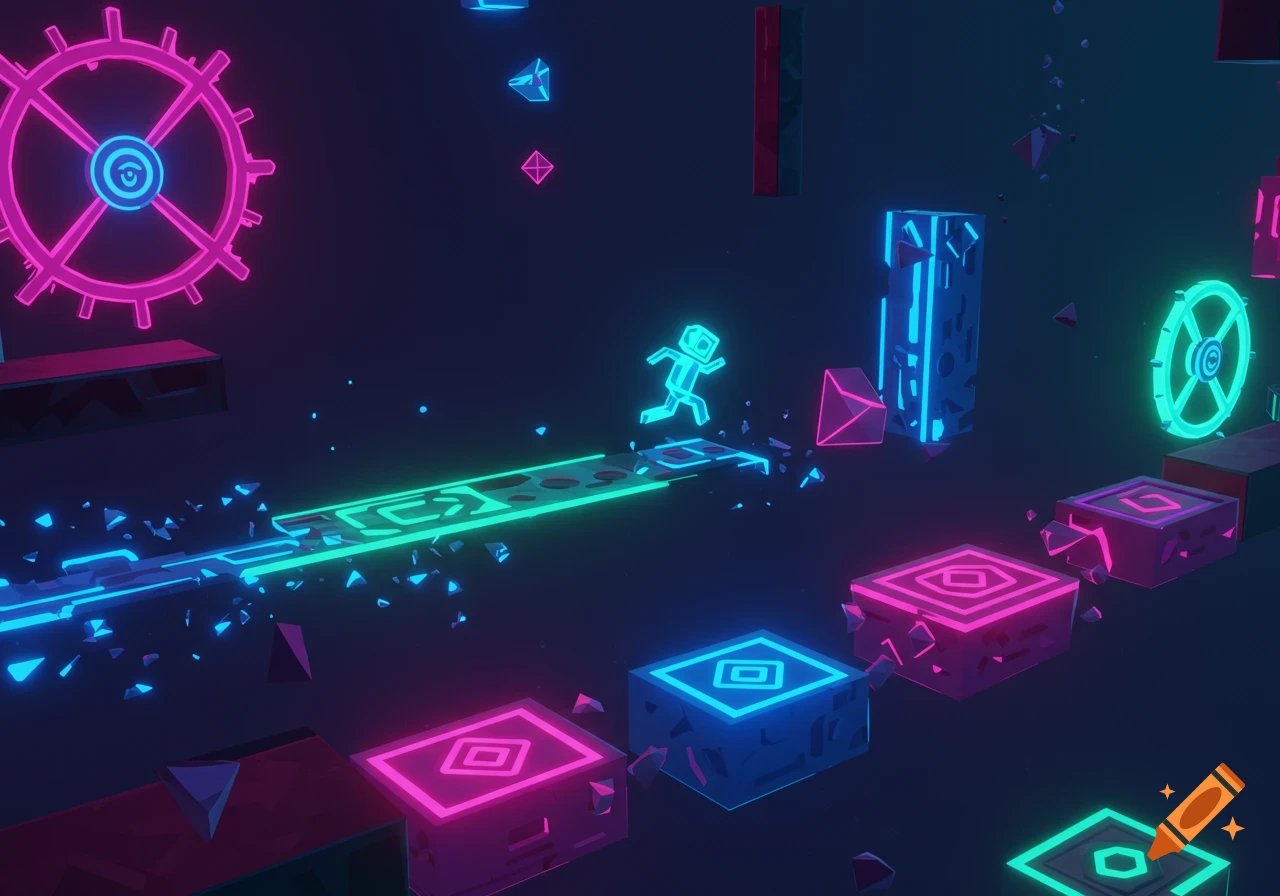 A neon-lit, geometric platformer level with a small robot-like character running on a glowing path, surrounded by floating shapes and structures.